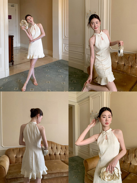 XXNING New Chinese-style Chinese-style plate-button halter-neck dress, elegant, high-end, waist-cinching lace long skirt