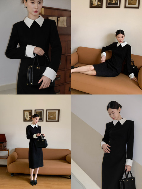 Xxning French-Style Color-Block Pointed Lapel Waist-Cinching Dress for Women, Loose Fit, Tummy-Covering, Fashionable and Elegant Black Long Dress