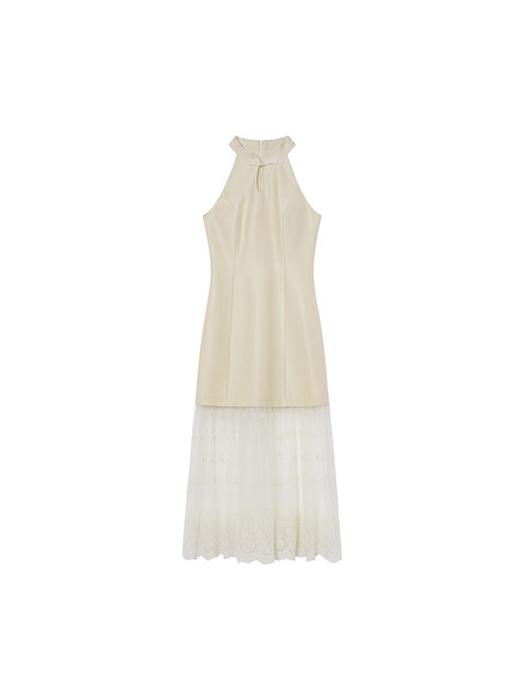 Xxning New Chinese Style Halter Neck Dress for Women, National Style, Gentle and Elegant, White Moonlight Waist-Cinching Mesh Dress