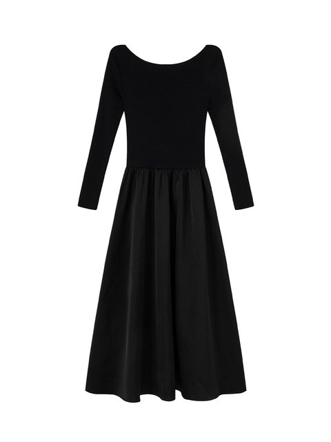 Xxning Hepburn-Style Patchwork Large Neckline Dress 2025 Spring and Autumn High-End Waist-Cinching Slimming Long Dress