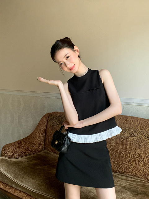 Xxning French-Style Contrasting Color Sleeveless Top and Skirt Set for Women, Rich Lady Temperament Two-Piece Set