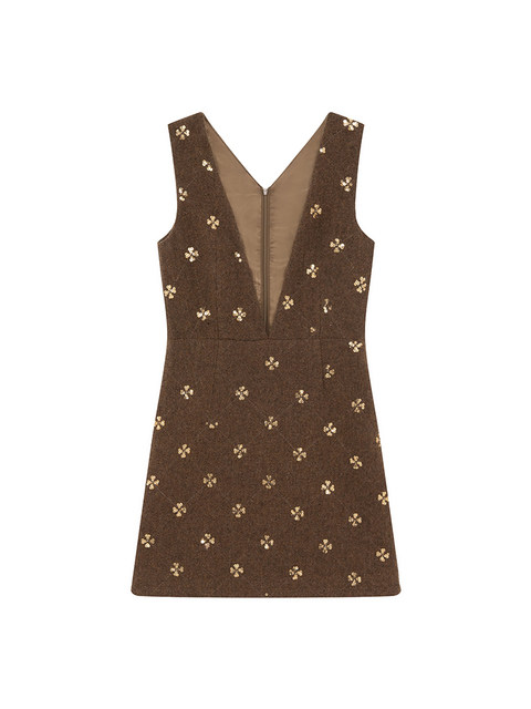 Xxning Heavy Beaded Embroidery V-Neck Tank Dress for Women 2025 Autumn/Winter New Style Waist-Cinching Slimming Elegant Fashion Long Dress