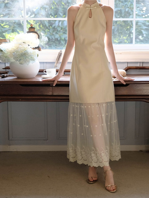 Xxning New Chinese Style Halter Neck Dress for Women, National Style, Gentle and Elegant, White Moonlight Waist-Cinching Mesh Dress