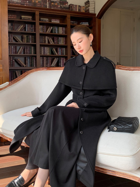 Xxning French Retro Cape Design Two-Way Woolen Coat for Women, Autumn and Winter High-End Fashion Waist-Cinching Jacket