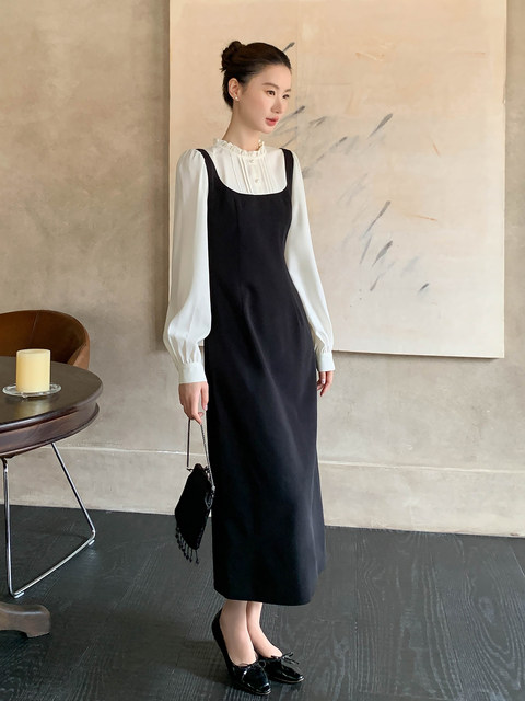 Xxning French-Style Fake Two-Piece Hepburn-Style Dress for Women 2025 Autumn and Winter New Waist-Slimming Elegant Long Dress