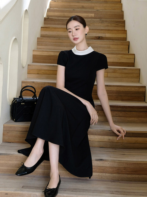 Xxning French-Style Color-Blocked Lapel Dress with Small Flutter Sleeves for Women, Autumn Niche Design, High-End Feel, Slimming Long Dress