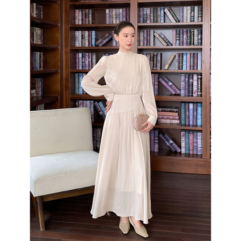 Xxning French-Style Stand-Up Collar Satin Tie Long-Sleeve Dress for Women 2026 Early Autumn New Light Luxury Elegant Long Dress