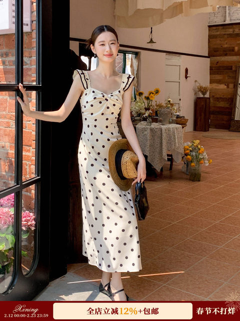 Xxning French Retro Polka Dot Dress with Small Flutter Sleeves for Women, Autumn Sweet and Elegant Slim-Fit Over-The-Knee Long Dress