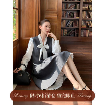 Xxning British Style Fake Two-Piece Lace-Up Top and Skirt Set for Women, New Spring Style, Rich Lady Temperament Two-Piece Set