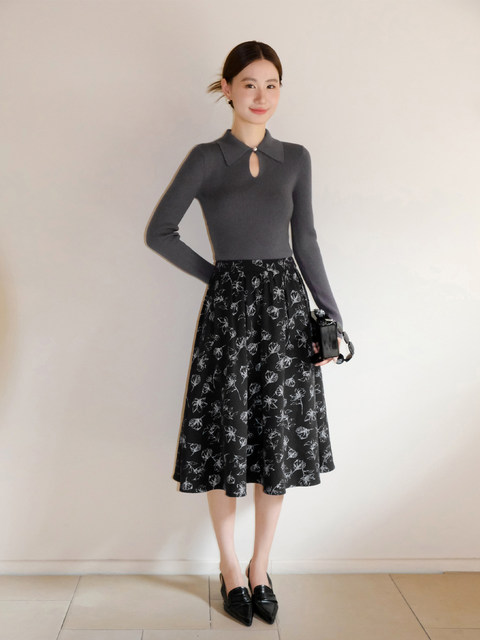 Xxning Retro Chinese-Style Printed Pleated Umbrella Skirt for Women, New Autumn and Winter High-Waisted Slimming Drapey Mid-Length A-Line Skirt