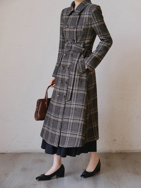 XXNING American retro large lapel plaid woolen coat for women autumn and winter new style waist slimming woolen coat