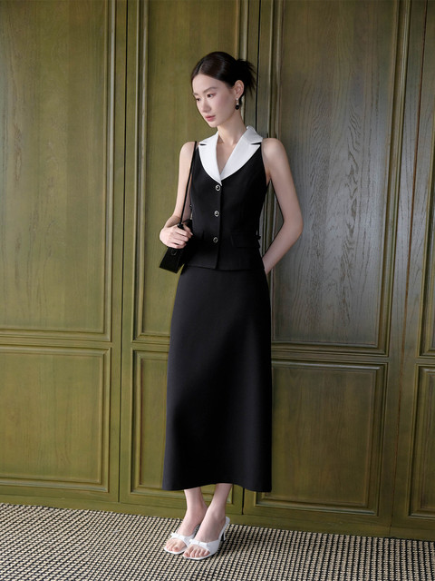 Xxning French-Style Color-Blocked Lapel Vest and Skirt Set for Women, Autumn Fashion, Commuter Style, High-End Two-Piece Set