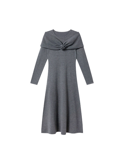 Xxning French-Style Shawl Floral Embellishment Knitted Dress for Women 2025 Autumn High-End Elegant Long Dress