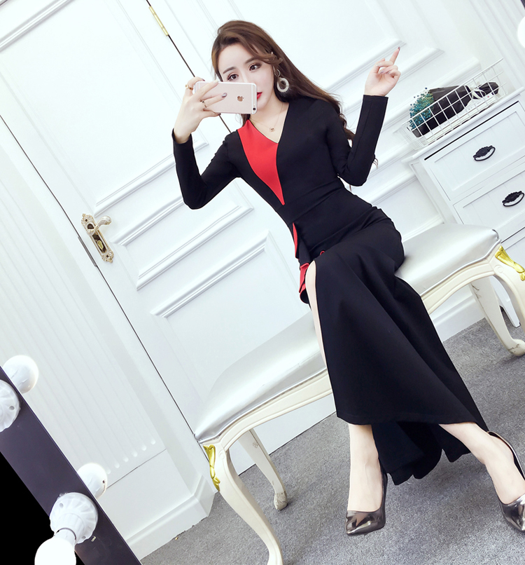 Phụ nữ mùa thu 2018 phiên bản Hàn Quốc mới của quý cô khí chất V-cổ xù màu đầm đầm xẻ eo cao 	váy sơ mi rút eo	