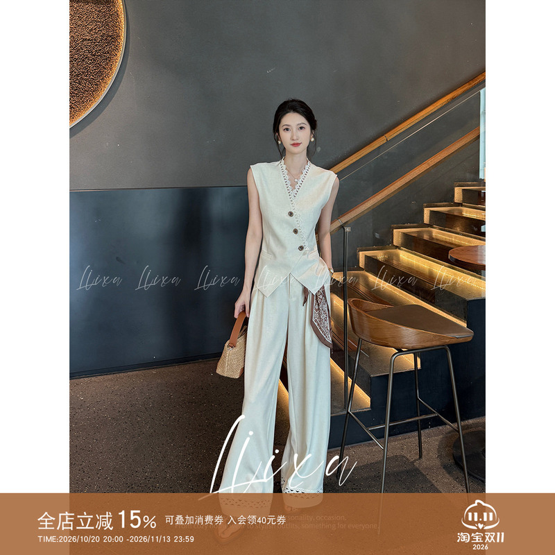 Liixu Summer Style Old Money Style Commuter Suit, Light Luxury Lace-Trimmed Sleeveless Vest and Wide-Leg Pants, Slimming Two-Piece Set Liixu Summer Style Old Money Style Commuter Suit, Light Luxury Lace-Trimmed Sleeveless Vest and Wide-Leg Pants, Slimming Two-Piece Set