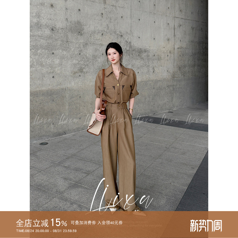 Liixu Early Autumn Workwear Style Suit for Women, Khaki Long-Sleeved Shirt, High-Waisted Wide-Leg Pants, Elegant Commuter Two-Piece Set Liixu Early Autumn Workwear Style Suit for Women, Khaki Long-Sleeved Shirt, High-Waisted Wide-Leg Pants, Elegant Commuter Two-Piece Set