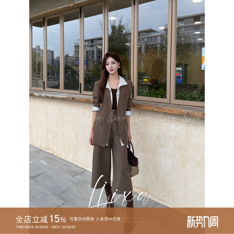 Liixu Early Autumn Light Mature Style Suit Set for Women, Faux Two-Piece Blazer Jacket with High-Waisted Cropped Wide-Leg Pants, Complete Set Liixu Early Autumn Light Mature Style Suit Set for Women, Faux Two-Piece Blazer Jacket with High-Waisted Cropped Wide-Leg Pants, Complete Set