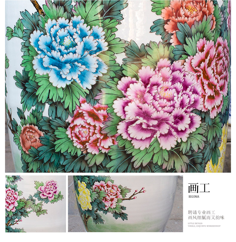 Jingdezhen ceramics hand - made big vase peony furnishing articles of new Chinese style living room floor decoration as hotel decoration