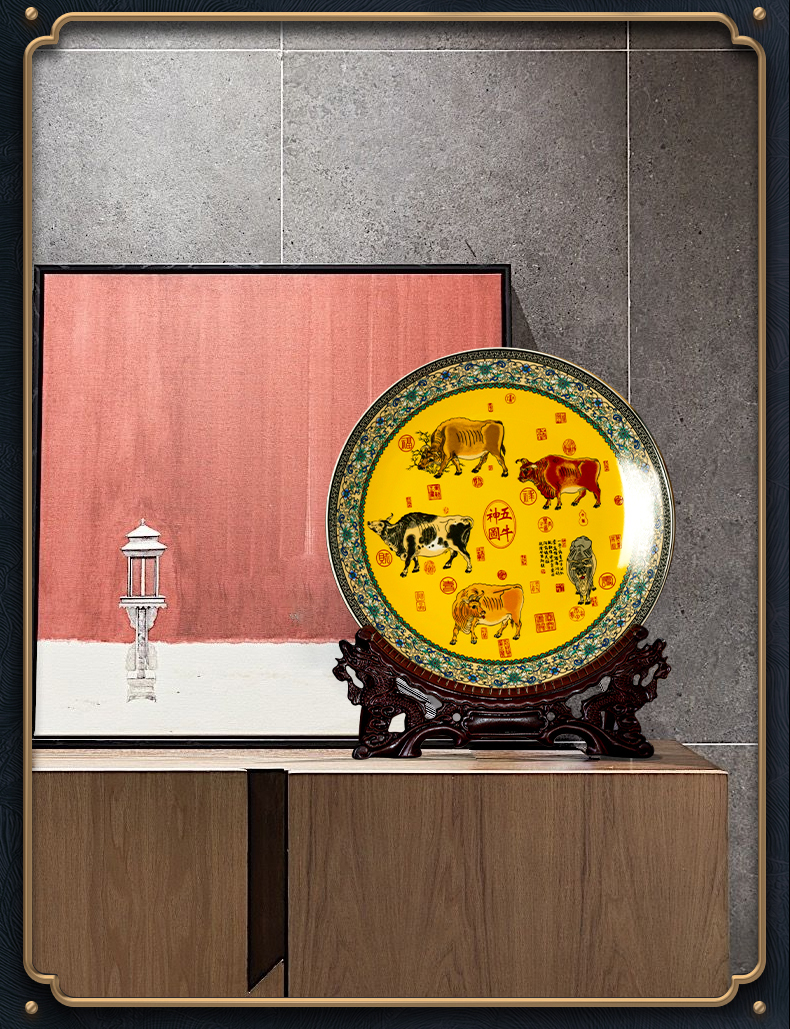 Jingdezhen ceramic creative Chinese style decoration plate wine desktop home rich ancient frame furnishing articles sitting room TV cabinet decoration