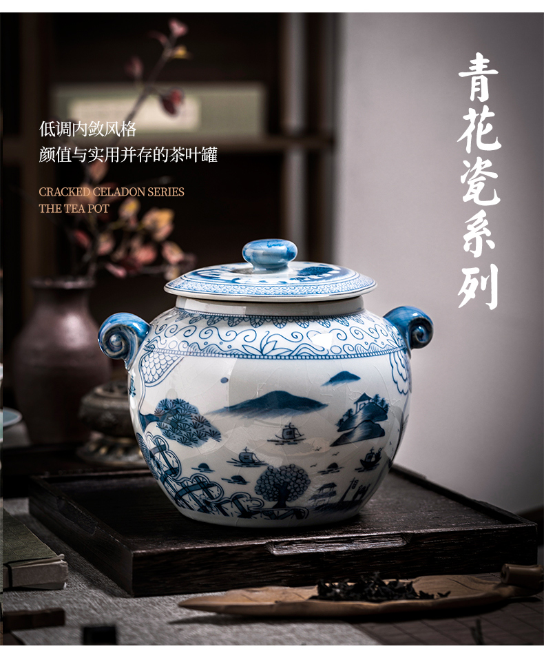 Jingdezhen ceramic tea pot seal pot of new Chinese style household she prevention of blue and white porcelain storage moistureproof furnishing articles large