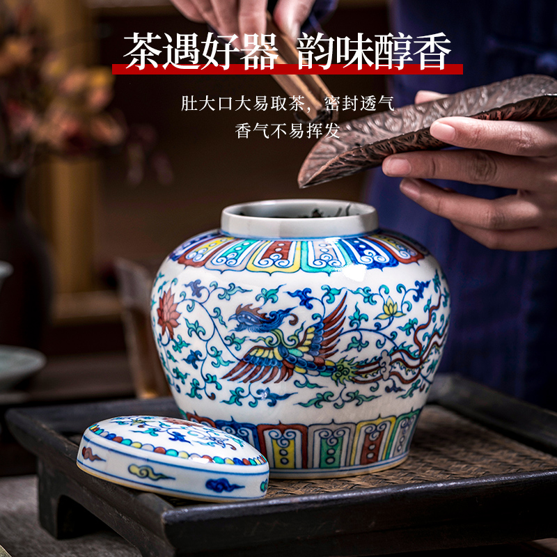 Jingdezhen ceramic color bucket hand - made of blue and white porcelain high - end pu 'er tea pot archaize storage tank is sealed with cover household