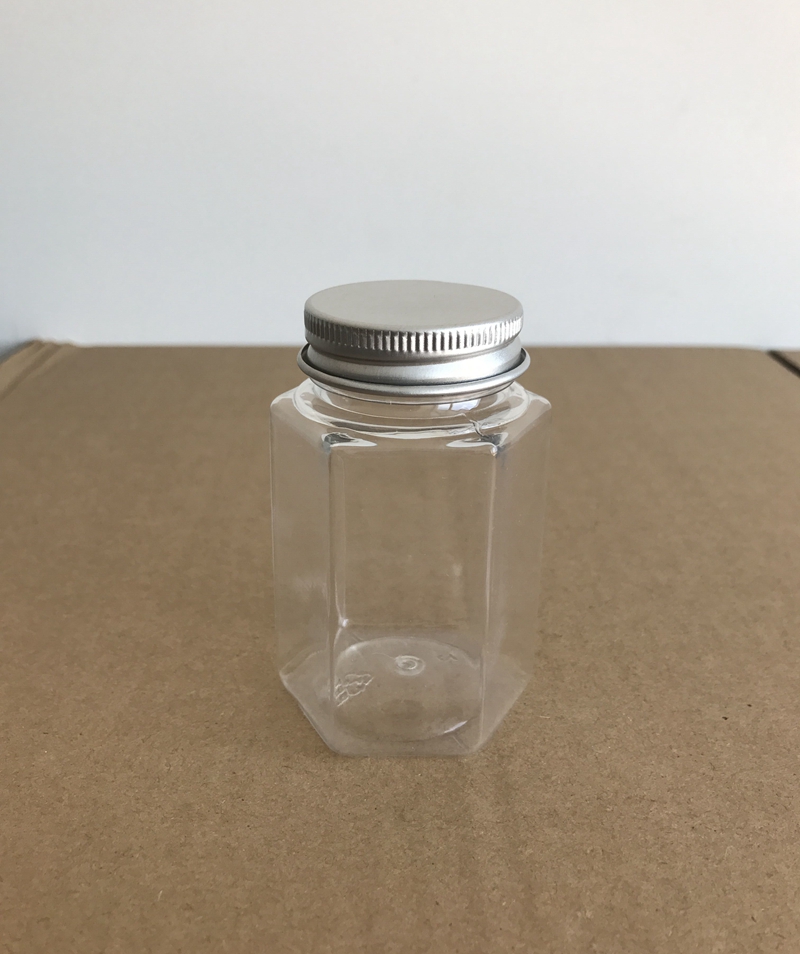 100ml hexagonal aluminium cover transparent plastic small bottle (LG128)