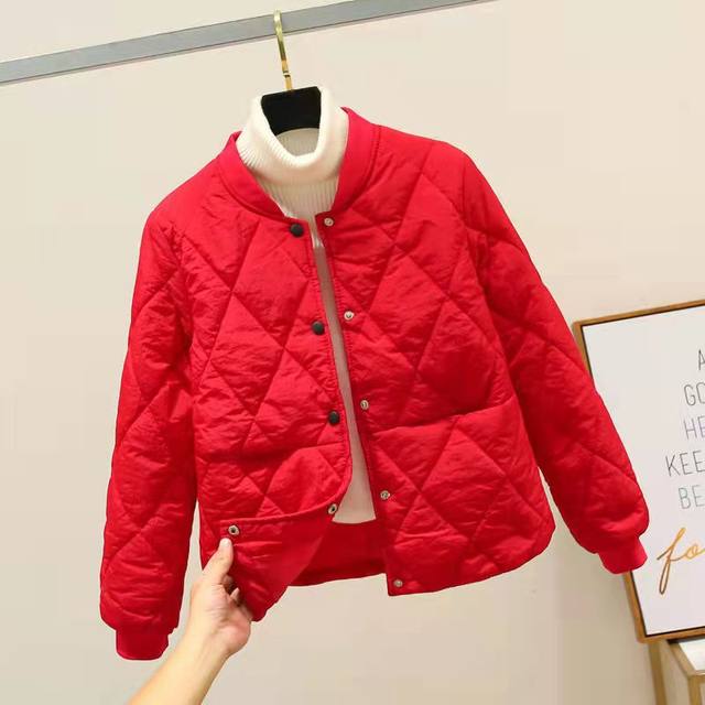 Thin down padded jacket women's autumn and winter new loose and thin stand-up collar short cotton padded jacket thickened red small padded jacket