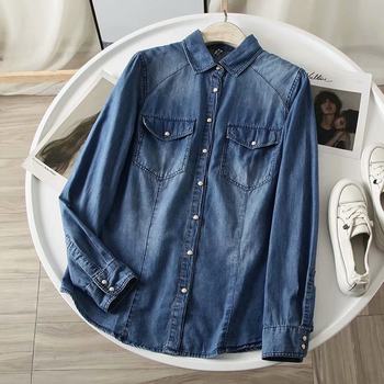 Spring and autumn new style comfortable and fashionable washed cotton denim long-sleeved shirt women's slim slimming bottoming top