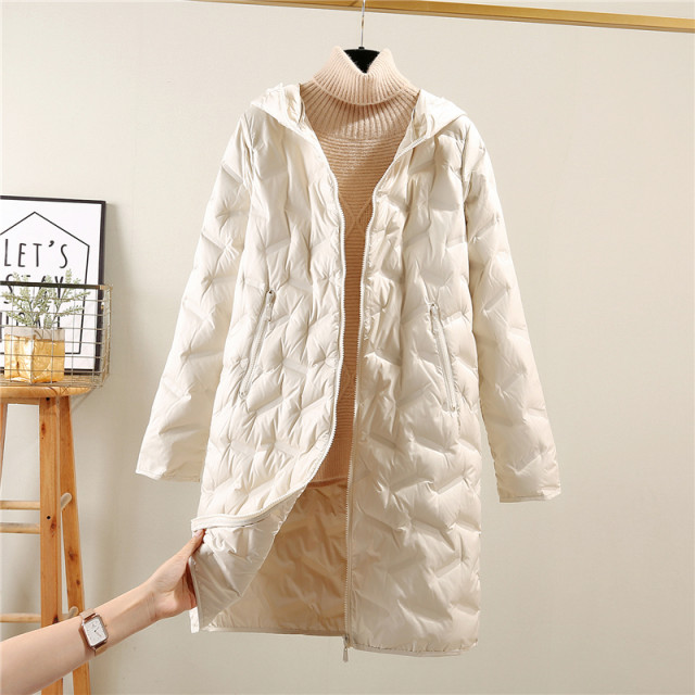 White duck down mid-length down jacket women look thin winter warm and comfortable bright pink hooded sweet fashion jacket