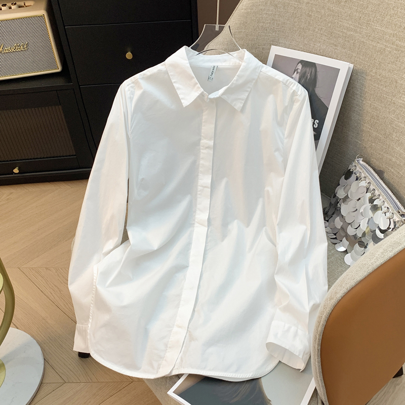 Lycra Cotton Skin-Friendly Stretchy White Shirt for Women, Long-Sleeved, Spring New Style, Hidden Button Design, Slimming, Casual White Base Shirt