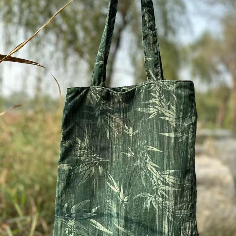 Original Velvet Bag by Chi Ye, Artistic Bag in New Chinese Style, Retro Large-Capacity Vintage Bag, Pleated Bamboo Shoulder Bag for Commuting