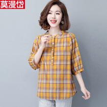 Seven-point sleeve casual cotton and linen plaid shirt top female summer mother loose size Belly Belly linen shirt