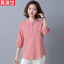 Casual embroidered cotton linen shirt blouse womens summer new mom dress loose foreign style large size linen shirt T-shirt