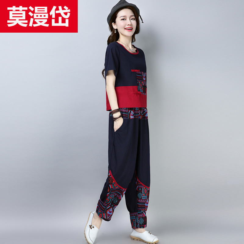 Trung Quốc Tang phù hợp với cô gái mùa hè váy phong cách retro quốc gia lanh bông áo khoác ngắn loose-fitting quần âu hai mảnh bộ