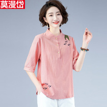 Casual Joker embroidered cotton linen coat female summer mother dress loose size linen short sleeve T-shirt