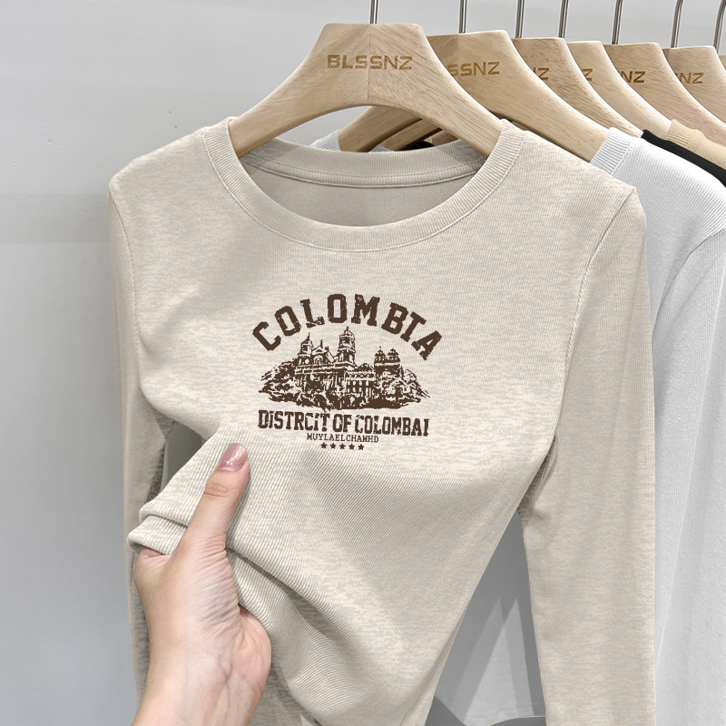 Pure Cotton Ribbed White Long-Sleeve T-Shirt for Women, 2024 Spring and Autumn New Slim-Fit Inner Wear Round Neck Base Shirt Top