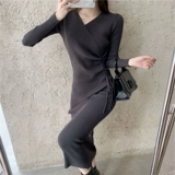 Приталенный корсет, трикотажное платье, демисезонная длинная юбка, 2020 года, V-образный вырез