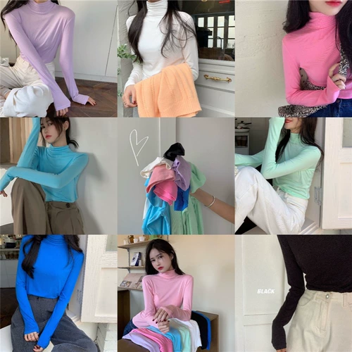 Летний многоцветный цветной приятный телу лонгслив, коллекция 2021, высокий воротник, облегающий крой