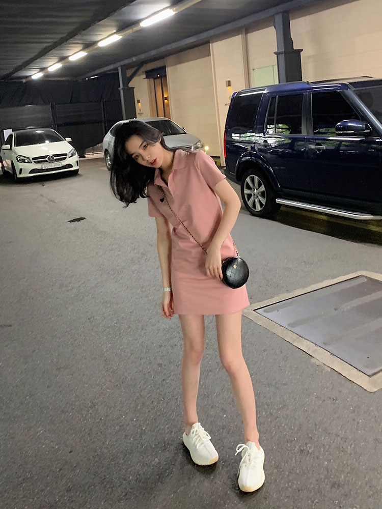 Pink Dresschampion Vigny European goods ins Short sleeve Summer clothes 2021 new pattern Korean version Polo shirt Dress female Medium and long term tide