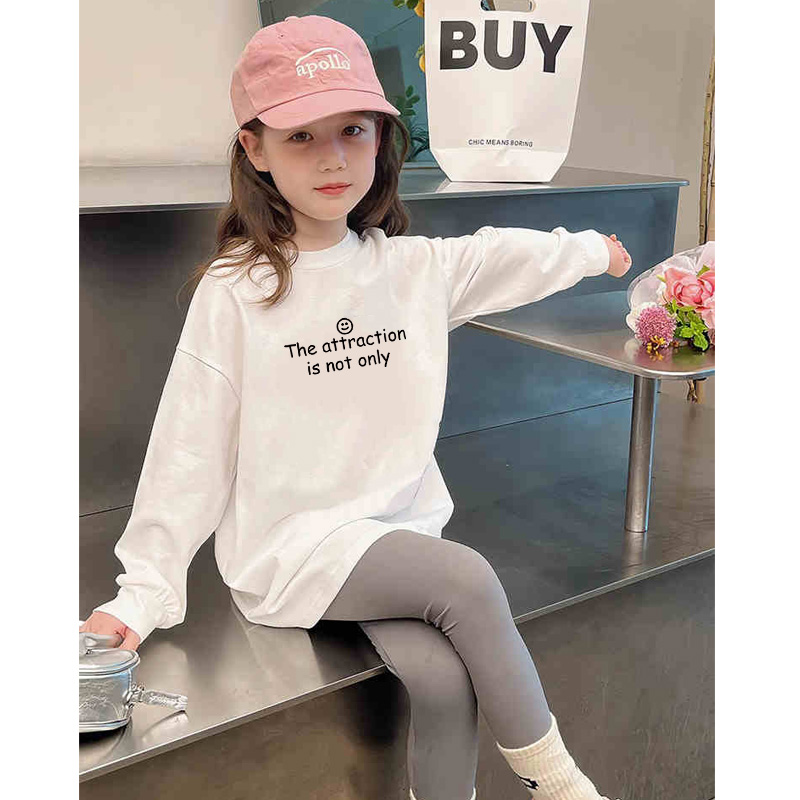 女の子春秋長袖Tシャツ2025新型中大子供服おしゃれ白底シャツ純綿丸首トップス