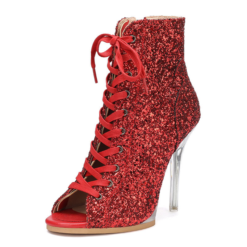 Transparent and Sexy Pumps, Jazz-Specific Dance Shoes, Lace-Up Short High-Heeled Shoes, Soft-Soled Short Boots, Heels