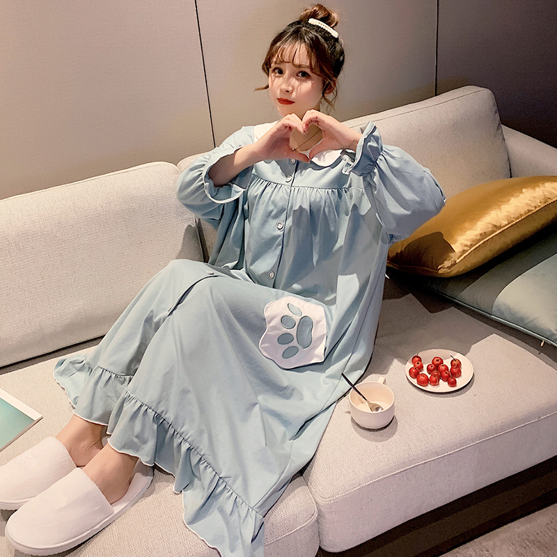 Sleeping Skirt Woman Spring Autumn Long Version Pure Cotton Long Sleeve 2022 New Pregnant Woman Cute Internet Red Mist Blue Shirt Collar Pyjamas Dress