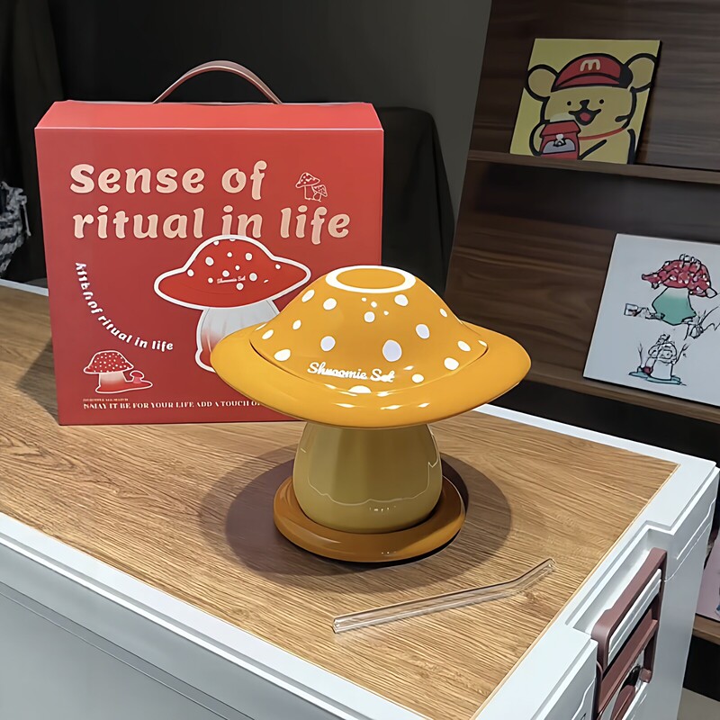 Yellow Mushroom Tableware Set for One Person, Multifunctional Ceramic Water Cup, Bowl and Plate, Creative Desktop High-End Exquisite Decoration Yellow Mushroom Tableware Set for One Person, Multifunctional Ceramic Water Cup, Bowl and Plate, Creative Desktop High-End Exquisite Decoration