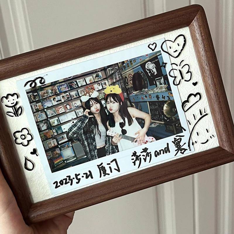 Retro Record Photo Frame DIY Polaroid Floating Photo Frame Wooden Desktop Display Stand Couple Memory Album 6inch Display Frame