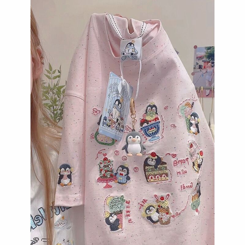 Korean Style Cartoon Cute Penguin Embroidery Heavyweight Short-Sleeved T-Shirt for Men and Women, Summer Loose Slimming Casual Top