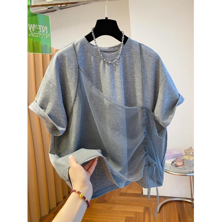 Gray Unique and Chic Faux Two-Piece T-Shirt for Women, Short-Sleeved, New Summer European Style, Loose Design, Niche Trendy Top Gray Unique and Chic Faux Two-Piece T-Shirt for Women, Short-Sleeved, New Summer European Style, Loose Design, Niche Trendy Top