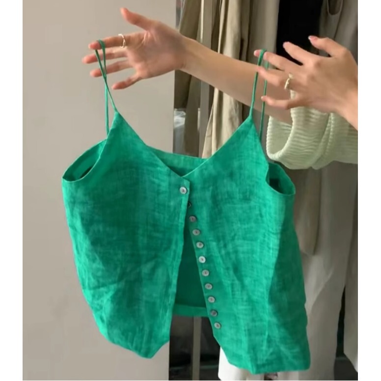 Korean-Style Chic and Beautiful Sweet-Spicy Top with Unique Design, Niche Green Cotton-Linen Camisole T-Shirt for Women ins Summer