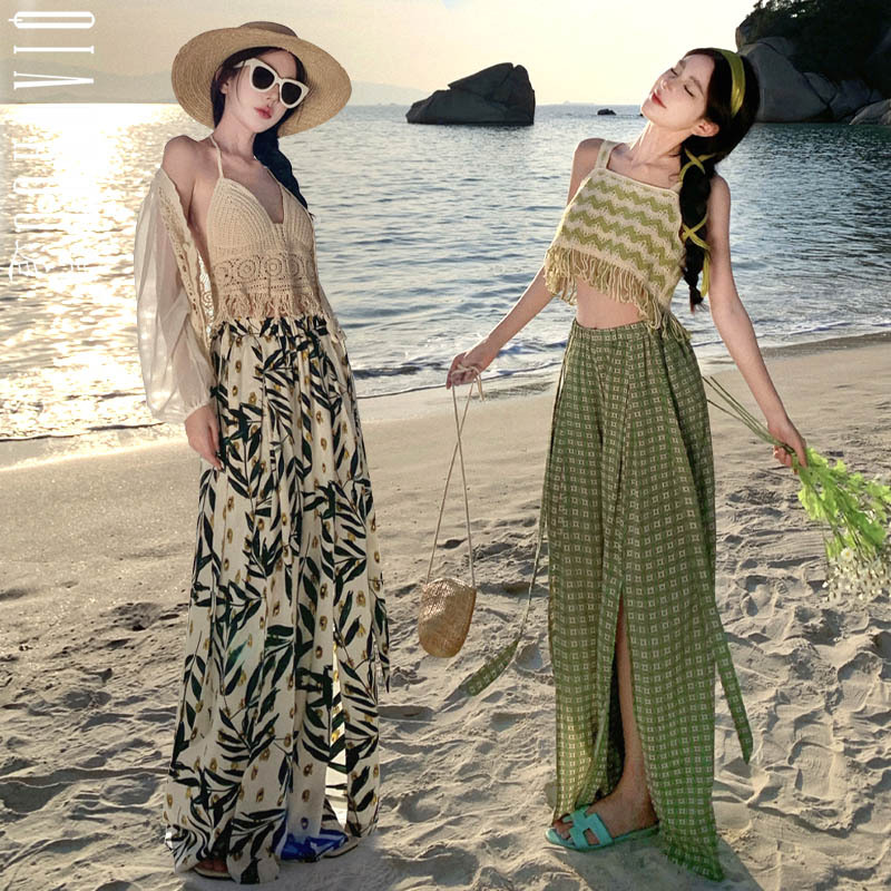 Beach Outfit Set, Thailand Sanya Vacation Beach Skirt Pants, Bohemian Long Pants, Chiffon Wide-Leg Pants, Complete Set Beach Outfit Set, Thailand Sanya Vacation Beach Skirt Pants, Bohemian Long Pants, Chiffon Wide-Leg Pants, Complete Set