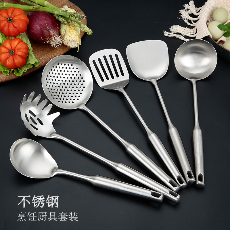 Stainless Steel Pan Shovel Anti-Burn Long Handle Soup Spoon Leaky Spoon Integrated Saute Scoop Kitchen kitchenware Set of kitchen Home fried spoons