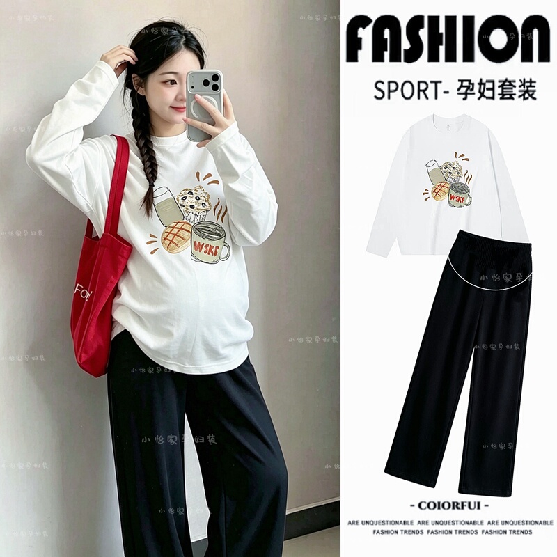 Maternity Set for Autumn: Pure Cotton Long-Sleeve T-Shirt + Wide-Leg Pants, Stylish and Comfortable for Pregnant Women Maternity Set for Autumn: Pure Cotton Long-Sleeve T-Shirt + Wide-Leg Pants, Stylish and Comfortable for Pregnant Women